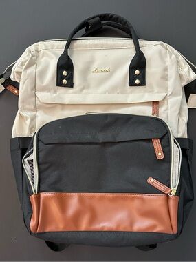 Women’s Two-Tone Black and Cream Backpack with Brown Trim